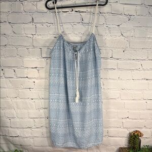 Aerie Blue Patterned Spaghetti Drawstring Adjustable Strap Midi Dress tassles